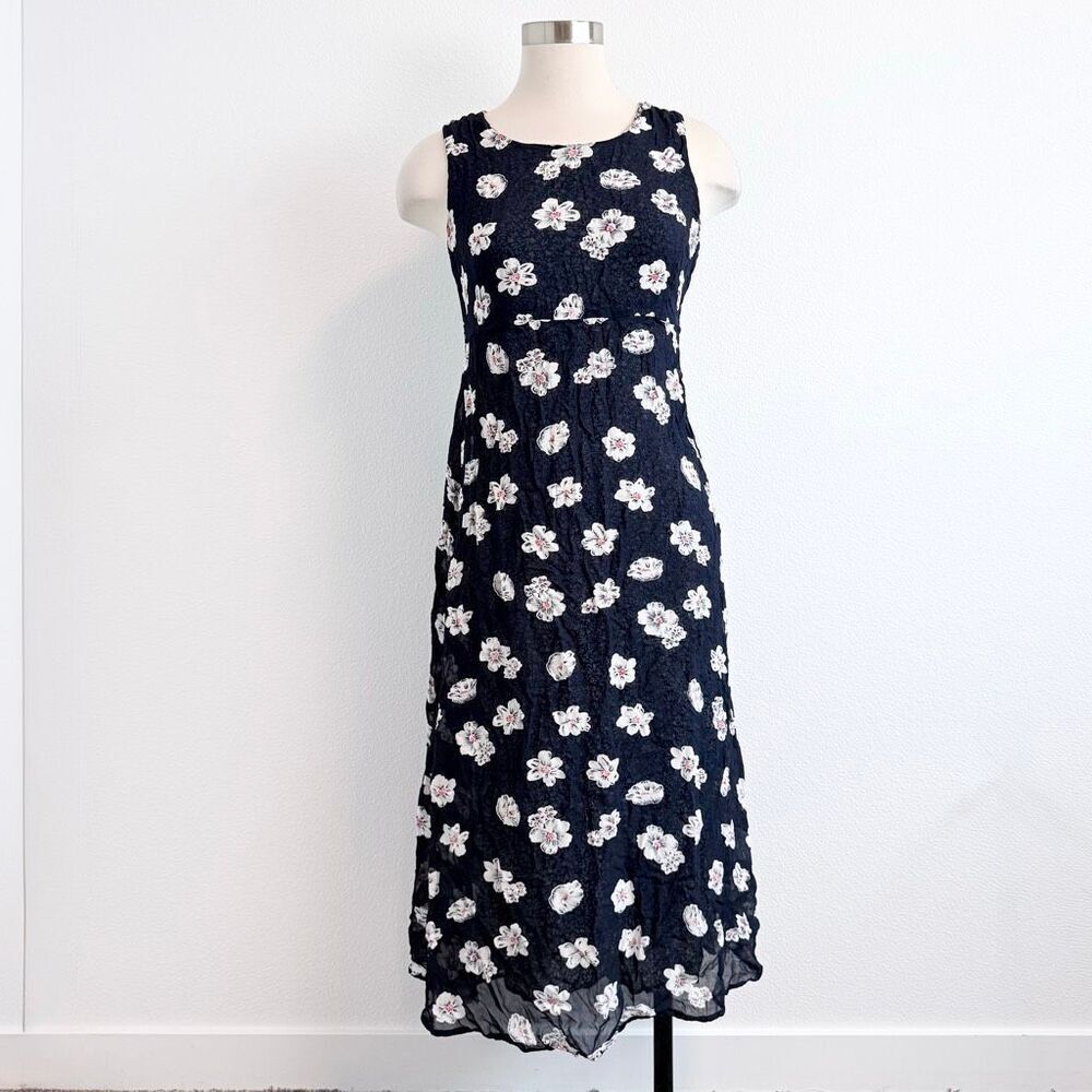 Sag Harbor Floral Sleeveless Midi Dress Medium Empire Reversible Black Blue